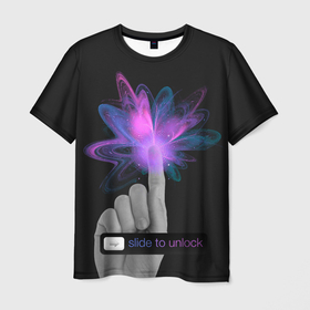 Мужская футболка 3D с принтом Magic Touch в Белгороде, 100% полиэфир | прямой крой, круглый вырез горловины, длина до линии бедер | кисть | палец | прикол | рука | черная | экран телефона