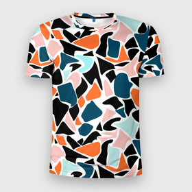 Мужская футболка 3D Slim с принтом Абстрактный современный разноцветный узор в оранжево серых тонах , 100% полиэстер с улучшенными характеристиками | приталенный силуэт, круглая горловина, широкие плечи, сужается к линии бедра | abstract pattern | blue | orange | абстрактный узор | оранжевый | синий
