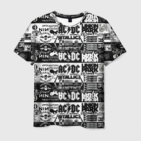 Мужская футболка 3D с принтом THE TEXTURE OF LEGENDARY ROCK BANDS в Тюмени, 100% полиэфир | прямой крой, круглый вырез горловины, длина до линии бедер | ac dc | linkin park | metallica | nirvana | группы | музыкальная | популярные | рок