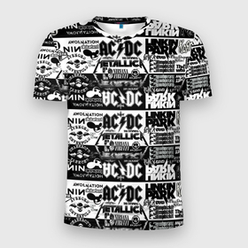 Мужская футболка 3D Slim с принтом THE TEXTURE OF LEGENDARY ROCK BANDS в Белгороде, 100% полиэстер с улучшенными характеристиками | приталенный силуэт, круглая горловина, широкие плечи, сужается к линии бедра | ac dc | linkin park | metallica | nirvana | группы | музыкальная | популярные | рок