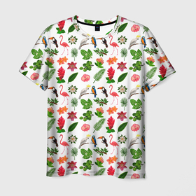 Мужская футболка 3D с принтом TEXTURE OF EXOTIC FLORA AND FAUNA в Кировске, 100% полиэфир | прямой крой, круглый вырез горловины, длина до линии бедер | животные | попугай | растения | фауна | фламинго | флора | цветы