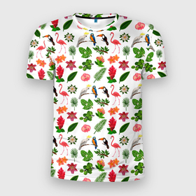 Мужская футболка 3D Slim с принтом TEXTURE OF EXOTIC FLORA AND FAUNA , 100% полиэстер с улучшенными характеристиками | приталенный силуэт, круглая горловина, широкие плечи, сужается к линии бедра | животные | попугай | растения | фауна | фламинго | флора | цветы