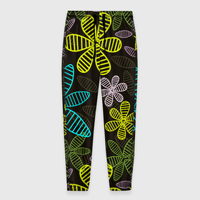 Мужские брюки 3D с принтом MULTICOLORED TRANSPARENT FLOWERS в Белгороде, 100% полиэстер | манжеты по низу, эластичный пояс регулируется шнурком, по бокам два кармана без застежек, внутренняя часть кармана из мелкой сетки | Тематика изображения на принте: ботанический | желтый | зеленый | красивый | растение | розовый | синий | узор | цветочный