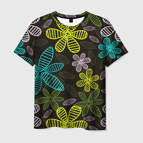 Мужская футболка 3D с принтом MULTICOLORED TRANSPARENT FLOWERS , 100% полиэфир | прямой крой, круглый вырез горловины, длина до линии бедер | Тематика изображения на принте: ботанический | желтый | зеленый | красивый | растение | розовый | синий | узор | цветочный