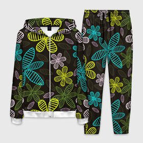 Мужской костюм 3D с принтом MULTICOLORED TRANSPARENT FLOWERS в Тюмени, 100% полиэстер | Манжеты и пояс оформлены тканевой резинкой, двухслойный капюшон со шнурком для регулировки, карманы спереди | Тематика изображения на принте: ботанический | желтый | зеленый | красивый | растение | розовый | синий | узор | цветочный