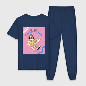 Мужская пижама хлопок с принтом Персонаж банан в стиле ретро в Белгороде, 100% хлопок | брюки и футболка прямого кроя, без карманов, на брюках мягкая резинка на поясе и по низу штанин
 | Тематика изображения на принте: banana | vindi | банан | большие глаза | весёлые персонажи | веселье | винтажные открытки | детский дизайн | летний принт | лето | мультик | мультики | мультяшки | мультяшный персонаж | открытка