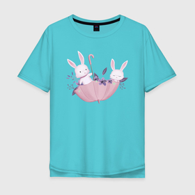 Мужская футболка хлопок Oversize с принтом Милые Крольчата В Зонтике в Екатеринбурге, 100% хлопок | свободный крой, круглый ворот, “спинка” длиннее передней части | animals | beast | cute | hare | rabbit | umbrella | животные | заяц | звери | зонтик | кролик | крольчонок | милый