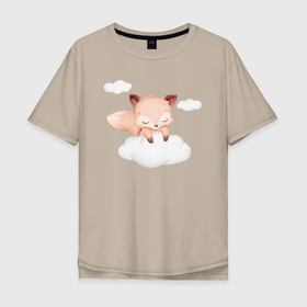 Мужская футболка хлопок Oversize с принтом Милый Лисёнок Сидит На Облачке Среди Облаков в Новосибирске, 100% хлопок | свободный крой, круглый ворот, “спинка” длиннее передней части | animals | beast | cute | fox | животные | звери | лиса | лисёнок | милый | облако | цветок