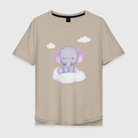 Мужская футболка хлопок Oversize с принтом Милый Слонёнок Сидит На Облачке Среди Облаков в Санкт-Петербурге, 100% хлопок | свободный крой, круглый ворот, “спинка” длиннее передней части | animals | beast | cute | животные | звери | милый | облако | слон | слонёнок