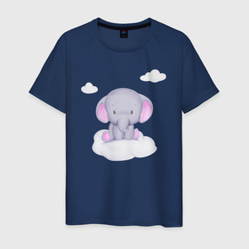 Мужская футболка хлопок с принтом Милый Слонёнок Сидит На Облачке Среди Облаков в Белгороде, 100% хлопок | прямой крой, круглый вырез горловины, длина до линии бедер, слегка спущенное плечо. | Тематика изображения на принте: animals | beast | cute | животные | звери | милый | облако | слон | слонёнок