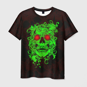 Мужская футболка 3D с принтом ужасный череп в Тюмени, 100% полиэфир | прямой крой, круглый вырез горловины, длина до линии бедер | Тематика изображения на принте: зеленый череп | панк | пираты | рок | скелет | череп