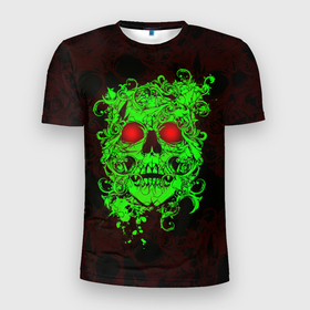 Мужская футболка 3D Slim с принтом ужасный череп в Тюмени, 100% полиэстер с улучшенными характеристиками | приталенный силуэт, круглая горловина, широкие плечи, сужается к линии бедра | Тематика изображения на принте: зеленый череп | панк | пираты | рок | скелет | череп