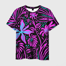 Мужская футболка 3D с принтом Цветочная композиция   Fashion trend в Новосибирске, 100% полиэфир | прямой крой, круглый вырез горловины, длина до линии бедер | composition | fashion | flowers | neon | композиция | мода | неон | цветы
