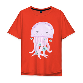 Мужская футболка хлопок Oversize с принтом Милая Медуза С Цветами в Курске, 100% хлопок | свободный крой, круглый ворот, “спинка” длиннее передней части | animals | cute | животные | медуза | милые | морские | природа | цветы