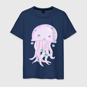 Мужская футболка хлопок с принтом Милая Медуза С Цветами , 100% хлопок | прямой крой, круглый вырез горловины, длина до линии бедер, слегка спущенное плечо. | animals | cute | животные | медуза | милые | морские | природа | цветы