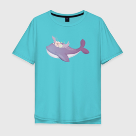 Мужская футболка хлопок Oversize с принтом Милый Кит С Цветами в Новосибирске, 100% хлопок | свободный крой, круглый ворот, “спинка” длиннее передней части | animals | cute | животные | кит | киты | милые | море | природа | цветы