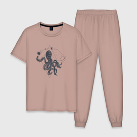 Мужская пижама хлопок с принтом Space Octopus в Курске, 100% хлопок | брюки и футболка прямого кроя, без карманов, на брюках мягкая резинка на поясе и по низу штанин
 | space | астрономия | космос | осьминог | планеты | фентези