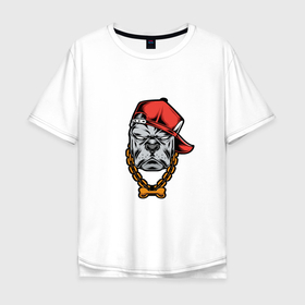 Мужская футболка хлопок Oversize с принтом BULLDOG IN A BASEBALL CAP в Белгороде, 100% хлопок | свободный крой, круглый ворот, “спинка” длиннее передней части | бейсболка | домашнее | животное | кепка | собака | цепь