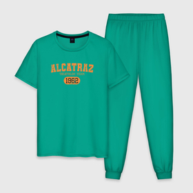 Мужская пижама хлопок с принтом Alcatraz Triathlon Team 1962 в Екатеринбурге, 100% хлопок | брюки и футболка прямого кроя, без карманов, на брюках мягкая резинка на поясе и по низу штанин
 | Тематика изображения на принте: алькатрас | спорт | студенческая | триатлон | юмор
