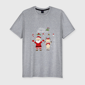 Мужская футболка хлопок Slim с принтом SANTA CLAUS WITH A DEER в Екатеринбурге, 92% хлопок, 8% лайкра | приталенный силуэт, круглый вырез ворота, длина до линии бедра, короткий рукав | дед мороз | олень | подарки | праздник | снег | снежинки