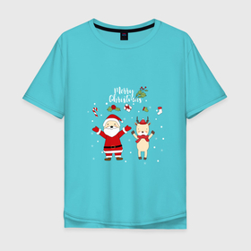 Мужская футболка хлопок Oversize с принтом SANTA CLAUS WITH A DEER в Санкт-Петербурге, 100% хлопок | свободный крой, круглый ворот, “спинка” длиннее передней части | дед мороз | олень | подарки | праздник | снег | снежинки
