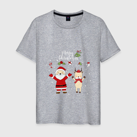 Мужская футболка хлопок с принтом SANTA CLAUS WITH A DEER в Новосибирске, 100% хлопок | прямой крой, круглый вырез горловины, длина до линии бедер, слегка спущенное плечо. | дед мороз | олень | подарки | праздник | снег | снежинки