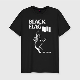 Мужская футболка хлопок Slim с принтом BLACK FLAG РУКА в Санкт-Петербурге, 92% хлопок, 8% лайкра | приталенный силуэт, круглый вырез ворота, длина до линии бедра, короткий рукав | Тематика изображения на принте: black flag | music | punk | rock | музыка | панк | рок | чернй флаг