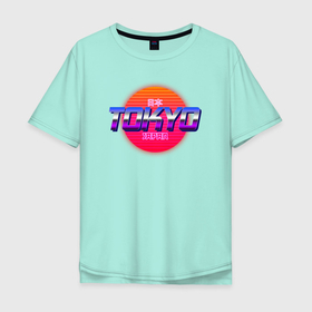 Мужская футболка хлопок Oversize с принтом Retrowave Tokyo , 100% хлопок | свободный крой, круглый ворот, “спинка” длиннее передней части | retrowave | sun | tokyo | ретровейв | токио | япония