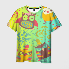 Мужская футболка 3D с принтом Весёлые совы в Санкт-Петербурге, 100% полиэфир | прямой крой, круглый вырез горловины, длина до линии бедер | Тематика изображения на принте: велосипед | градиент | желтый | зеленый | оранжевый | очки | перо | принт | сердце | сова | цветок | часы
