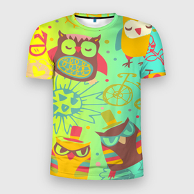 Мужская футболка 3D Slim с принтом Весёлые совы в Новосибирске, 100% полиэстер с улучшенными характеристиками | приталенный силуэт, круглая горловина, широкие плечи, сужается к линии бедра | велосипед | градиент | желтый | зеленый | оранжевый | очки | перо | принт | сердце | сова | цветок | часы
