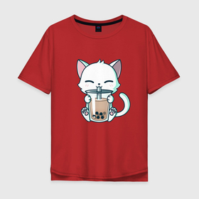 Мужская футболка хлопок Oversize с принтом Котик с бабл ти в Петрозаводске, 100% хлопок | свободный крой, круглый ворот, “спинка” длиннее передней части | bubble tea | бабл ти | кот | кот пьет чай | котенок | котик | котик с бабл ти | кошара | кошка | напиток | напиточек | чай