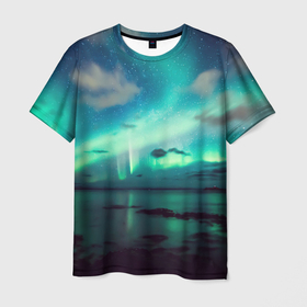 Мужская футболка 3D с принтом Aurora borealis в Кировске, 100% полиэфир | прямой крой, круглый вырез горловины, длина до линии бедер | Тематика изображения на принте: вечер | горизонт | звезды | камни | космос | небо | ночь | озеро | пейзаж | полярное сияние | северное сияние | сияние
