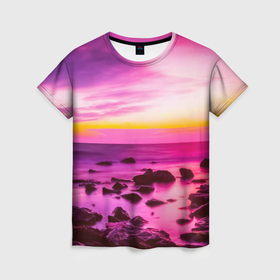 Женская футболка 3D с принтом Just a sunset , 100% полиэфир ( синтетическое хлопкоподобное полотно) | прямой крой, круглый вырез горловины, длина до линии бедер | Тематика изображения на принте: вечер | горизонт | закат | камни | небо | озеро | пейзаж