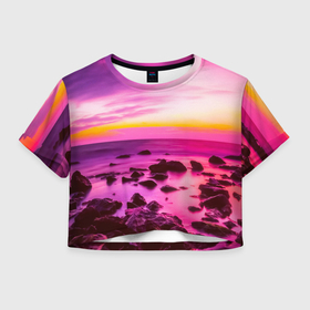 Женская футболка Crop-top 3D с принтом Just a sunset , 100% полиэстер | круглая горловина, длина футболки до линии талии, рукава с отворотами | Тематика изображения на принте: вечер | горизонт | закат | камни | небо | озеро | пейзаж