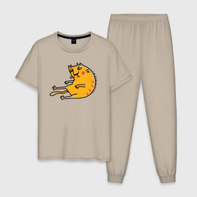 Мужская пижама хлопок с принтом Уставший рыжий кот , 100% хлопок | брюки и футболка прямого кроя, без карманов, на брюках мягкая резинка на поясе и по низу штанин
 | кот | котенок | котик | кошка | рыжий кот | уставший | усталость