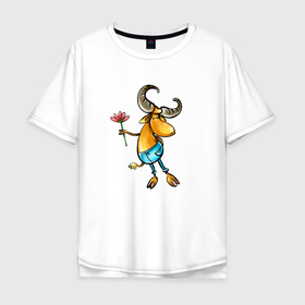 Мужская футболка хлопок Oversize с принтом Козерог с цветочком в Тюмени, 100% хлопок | свободный крой, круглый ворот, “спинка” длиннее передней части | козерог | овен | рогатый | цветок | цветочек | цветы