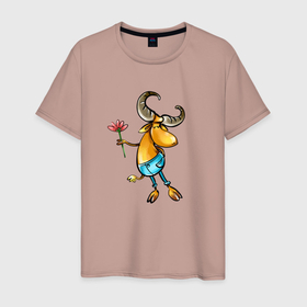 Мужская футболка хлопок с принтом Козерог с цветочком в Тюмени, 100% хлопок | прямой крой, круглый вырез горловины, длина до линии бедер, слегка спущенное плечо. | Тематика изображения на принте: козерог | овен | рогатый | цветок | цветочек | цветы