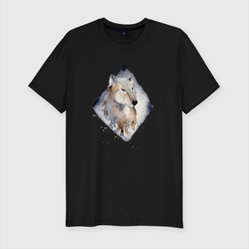 Мужская футболка хлопок Slim с принтом Снежный   волк в Петрозаводске, 92% хлопок, 8% лайкра | приталенный силуэт, круглый вырез ворота, длина до линии бедра, короткий рукав | Тематика изображения на принте: wolf | волк | волчица | снег | снежный волк
