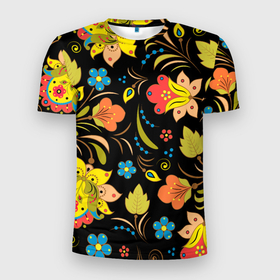 Мужская футболка 3D Slim с принтом Русские узоры|Хохлома в Тюмени, 100% полиэстер с улучшенными характеристиками | приталенный силуэт, круглая горловина, широкие плечи, сужается к линии бедра | народное творчество | роспись | русские узоры | хохлома | цветы