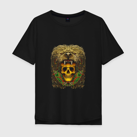 Мужская футболка хлопок Oversize с принтом SKULL IN A LIONS SKIN в Тюмени, 100% хлопок | свободный крой, круглый ворот, “спинка” длиннее передней части | hippie | skateboard | животное | лев | скейтборд | хиппи