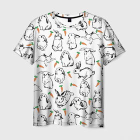 Мужская футболка 3D с принтом Зайцы с морковками в Курске, 100% полиэфир | прямой крой, круглый вырез горловины, длина до линии бедер | animals | eared | rabbits | small | summer | животные | зайки | зайцы | зайчики | кролики | лето | маленькие | морковки | резвятся | стая зайцев | стая кроликов | ушастые