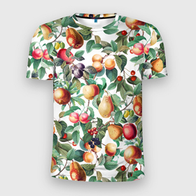 Мужская футболка 3D Slim с принтом Летний Фруктовый Сад в Петрозаводске, 100% полиэстер с улучшенными характеристиками | приталенный силуэт, круглая горловина, широкие плечи, сужается к линии бедра | fruits | summer | вишня | груши | киви | лето | сад | сливы | фрукты | яблоки