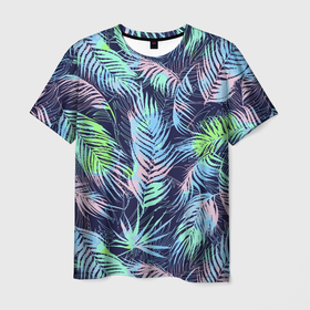 Мужская футболка 3D с принтом Разноцветные Листья Пальм , 100% полиэфир | прямой крой, круглый вырез горловины, длина до линии бедер | jungles | palm | palm tree | summer | букет | деревья | джунгли | лето | листья | пальма | природа | растение | флора | чёрный