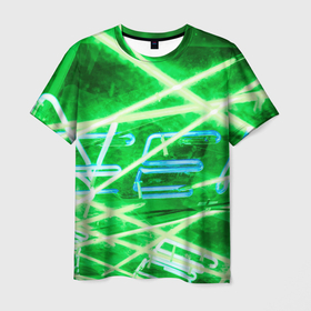 Мужская футболка 3D с принтом Неоновые лучи и буквы   Зелёный в Кировске, 100% полиэфир | прямой крой, круглый вырез горловины, длина до линии бедер | абстракция | арт | буквы | линии | лучи | неон | разноцветный | слова | сюрреализм | цвета