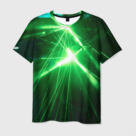 Мужская футболка 3D с принтом Неоновые лазеры во тьме   Зелёный в Кировске, 100% полиэфир | прямой крой, круглый вырез горловины, длина до линии бедер | abstraction | art | colorful | colors | neon | surrealism | абстракция | арт | искусство | лазеры | неон | разноцветный | сюрреализм | тьма | цвета