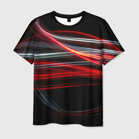 Мужская футболка 3D с принтом Волнообразные линии неона   Красный в Санкт-Петербурге, 100% полиэфир | прямой крой, круглый вырез горловины, длина до линии бедер | abstraction | art | colorful | colors | neon | surrealism | абстракция | арт | волны | искусство | линии | неон | разноцветный | сюрреализм | цвета