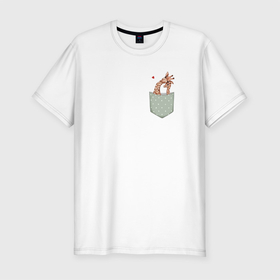 Мужская футболка хлопок Slim с принтом Любовь жирафов в кармане в Новосибирске, 92% хлопок, 8% лайкра | приталенный силуэт, круглый вырез ворота, длина до линии бедра, короткий рукав | Тематика изображения на принте: в кармане | жираф | жирафы | любовь | семья | сердце