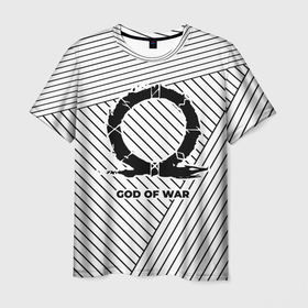Мужская футболка 3D с принтом Символ God of War на светлом фоне с полосами в Тюмени, 100% полиэфир | прямой крой, круглый вырез горловины, длина до линии бедер | god | god of war | logo | war | бог | вар | войны | год | звезды | игра | игры | космос | лого | логотип | полосы | символ