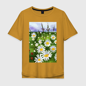 Мужская футболка хлопок Oversize с принтом Поле с ромашками в Петрозаводске, 100% хлопок | свободный крой, круглый ворот, “спинка” длиннее передней части | одуванчики | поле | поле одуванчиков | природа | цветы