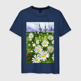 Мужская футболка хлопок с принтом Поле с ромашками в Санкт-Петербурге, 100% хлопок | прямой крой, круглый вырез горловины, длина до линии бедер, слегка спущенное плечо. | одуванчики | поле | поле одуванчиков | природа | цветы